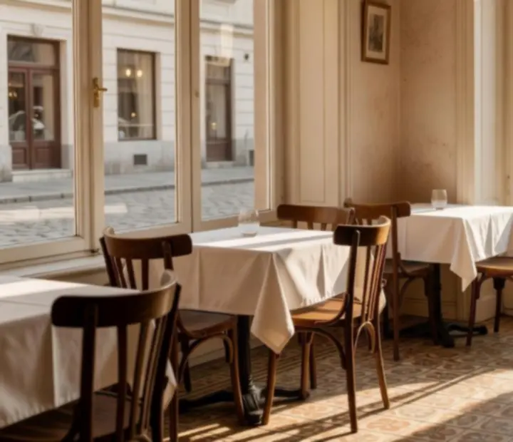 Napfényben úszó bistro tér klasszikus kávéházi ablakkal, fa thonet székekkel és elefántcsont terítékkel.